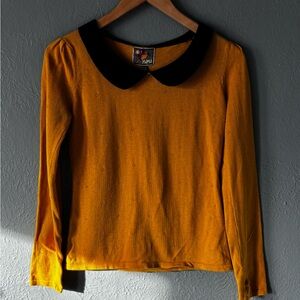 Yumi Mustard Peter Pan Collar Sweater | Velvet Trim | Cotton | US 2/4